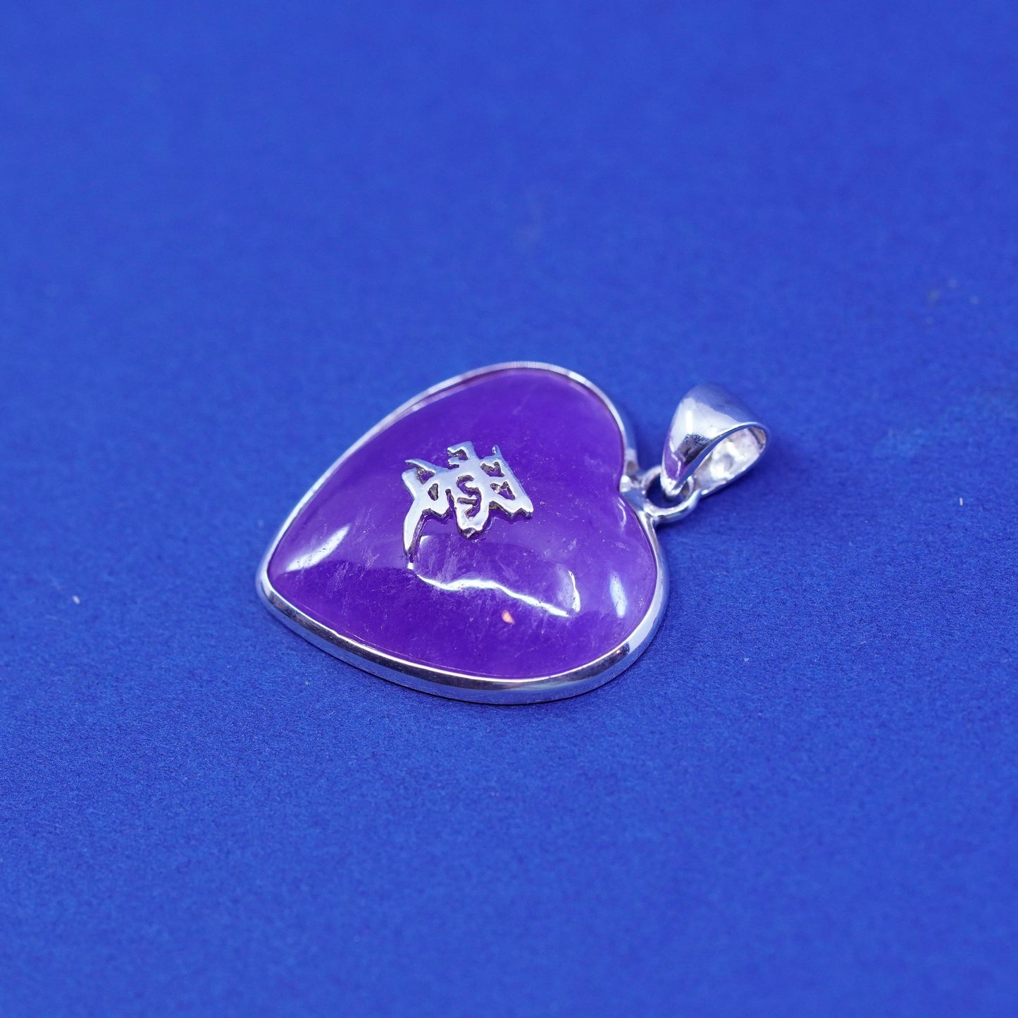 sterling 925 silver heart pendant with purple jade and Chinese character “love”