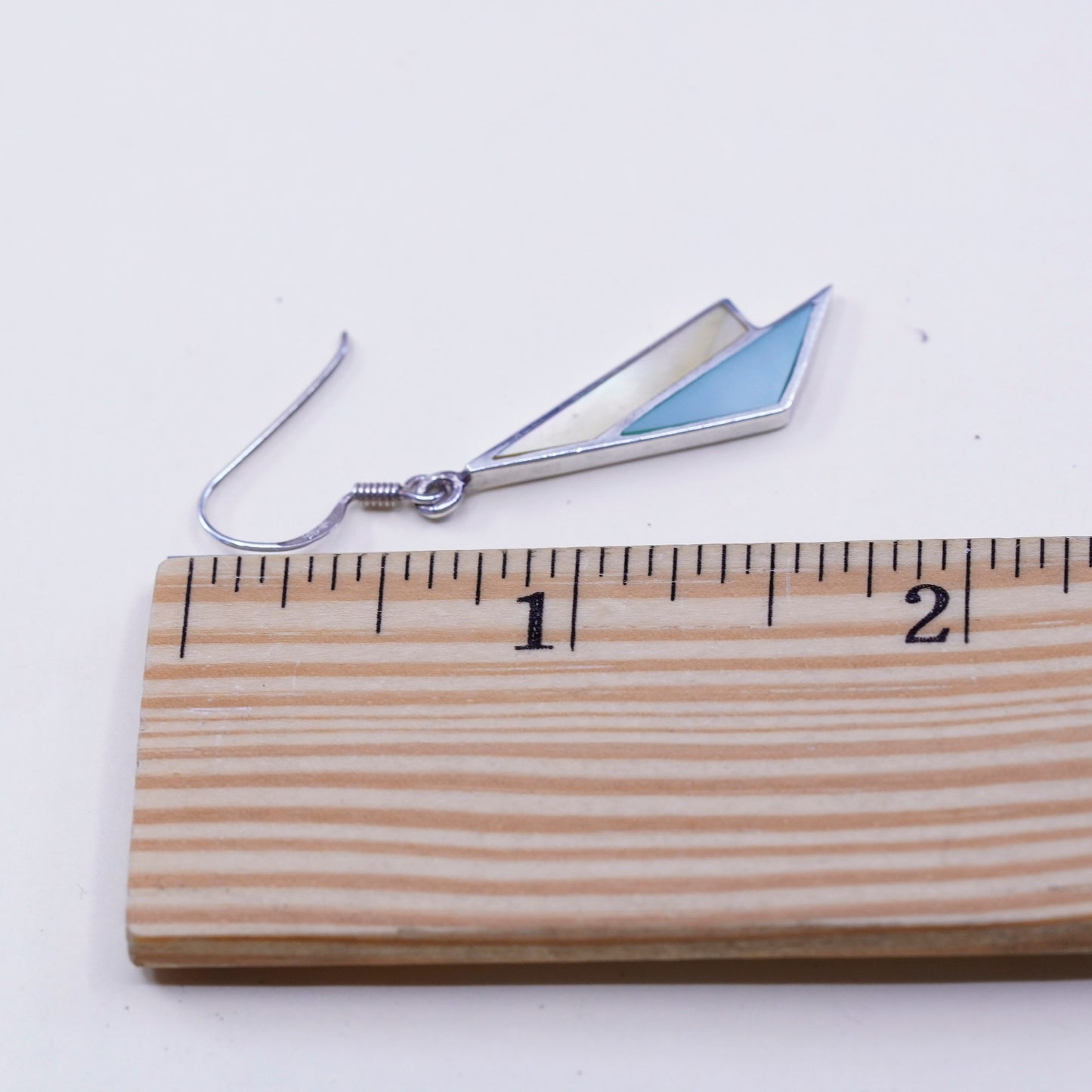 Vintage sterling 925 silver handmade earrings with triangular mother of pearl