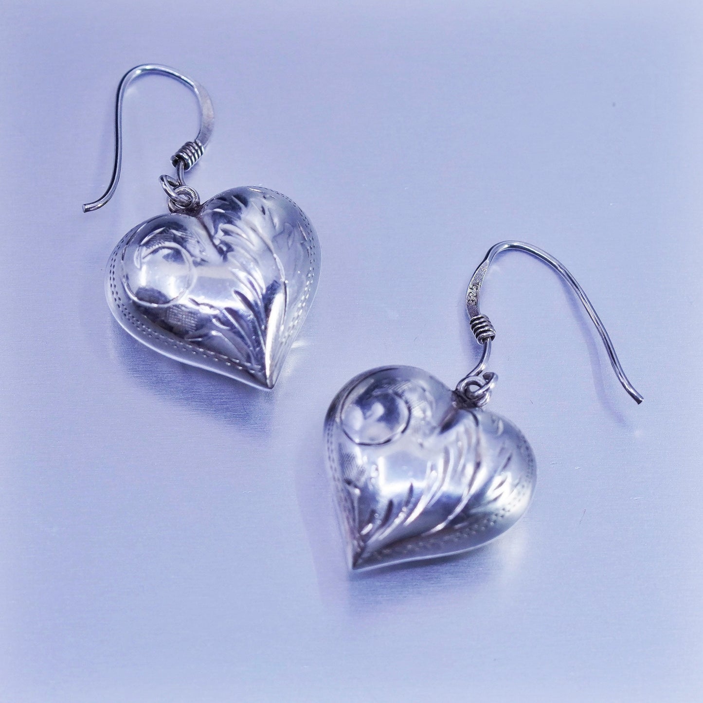 Vintage Sterling 925 silver handmade earrings with puffy textured heart dangles