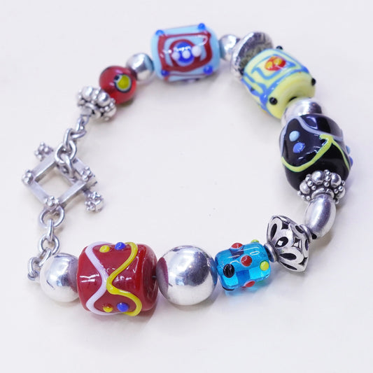 7”, vtg Silpada Sterling Silver Lampwork Art Glass Bead Toggle Bracelet B0871