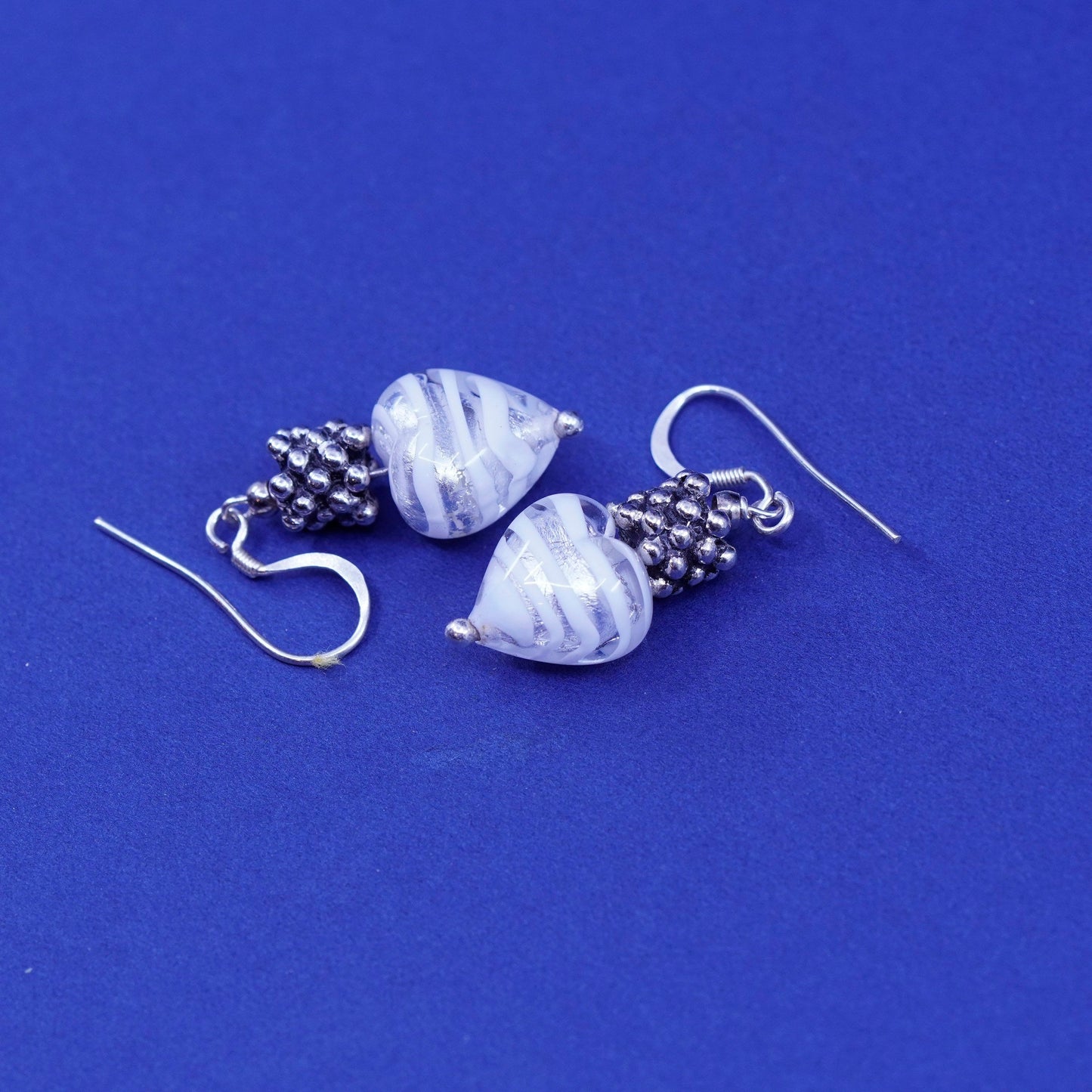 Vintage Sterling silver handmade earrings, 925 beads with glass heart Dangles