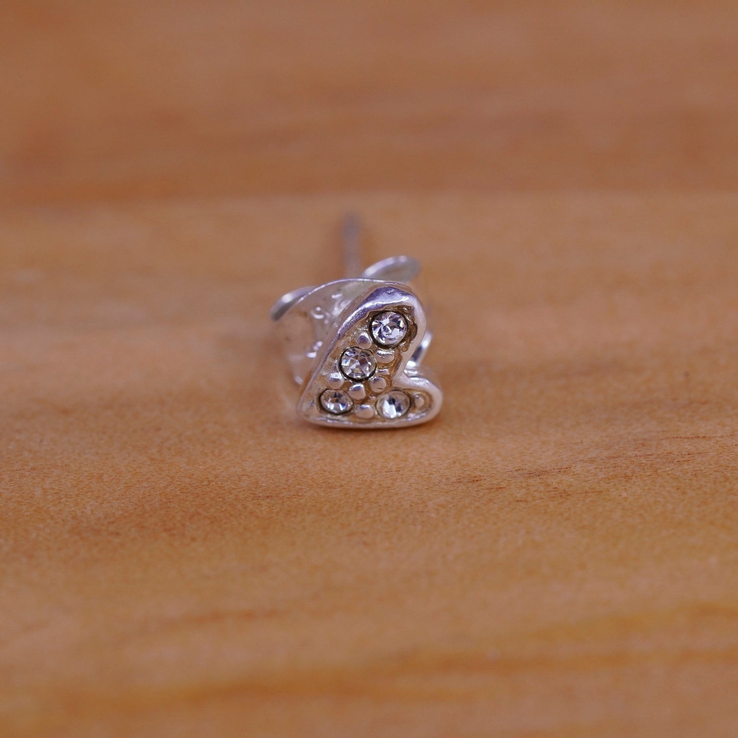 Vintage Sterling silver handmade earrings, 925 heart studs with cz
