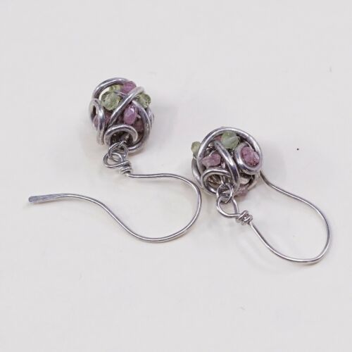 Vtg Handmade Lightweight 925 Sterling Silver Earrings With Wired Beads N Crystal