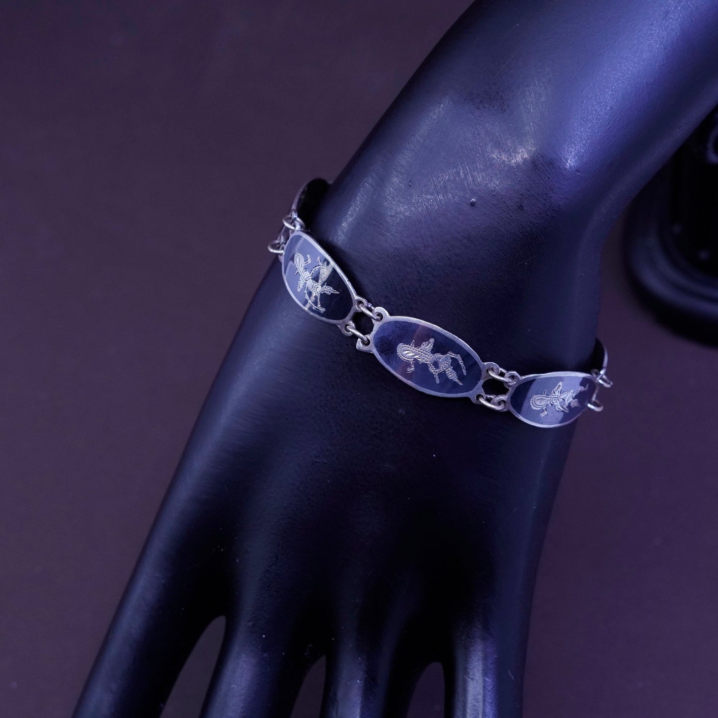6.5”, Indian Siam Sterling silver, 925 niello music goddesses tennis bracelet