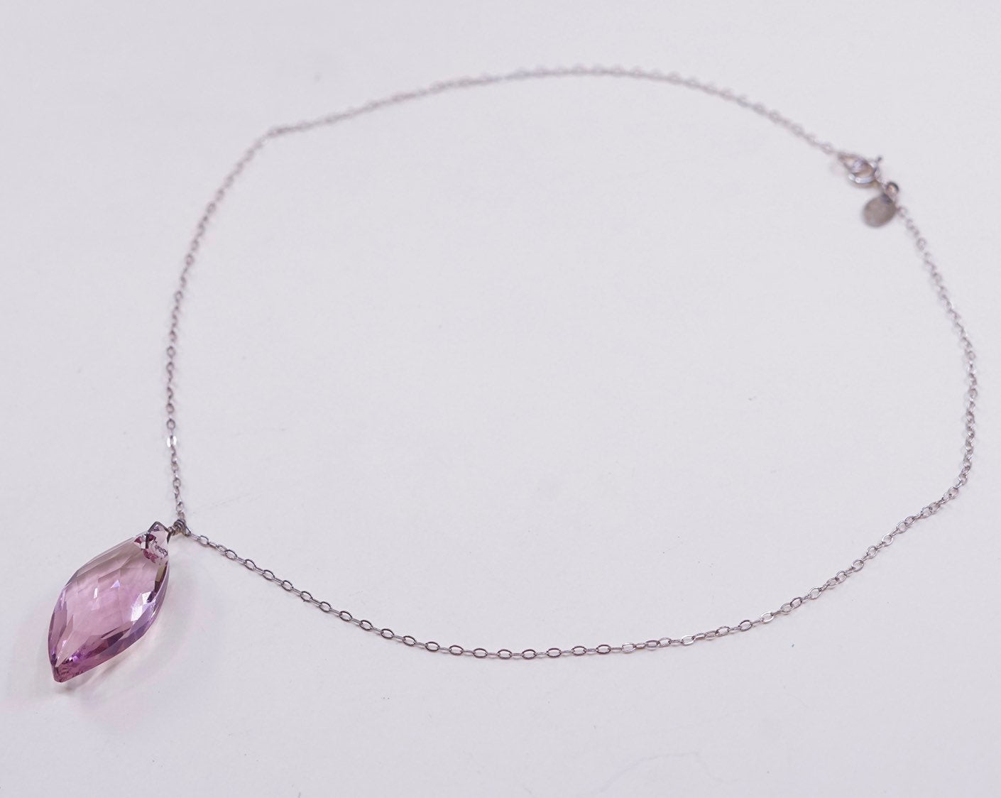 16", 2mm, vtg Sterling 925 silver handmade necklace w/ pink crystal pendant