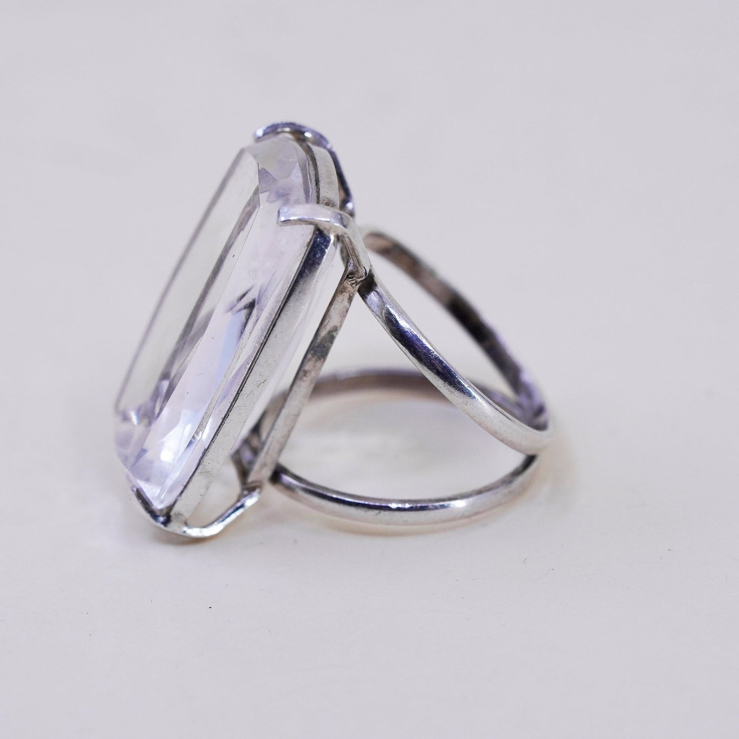 Size 5.75, vintage Sterling 925 silver handmade ring with emerald cut crystal