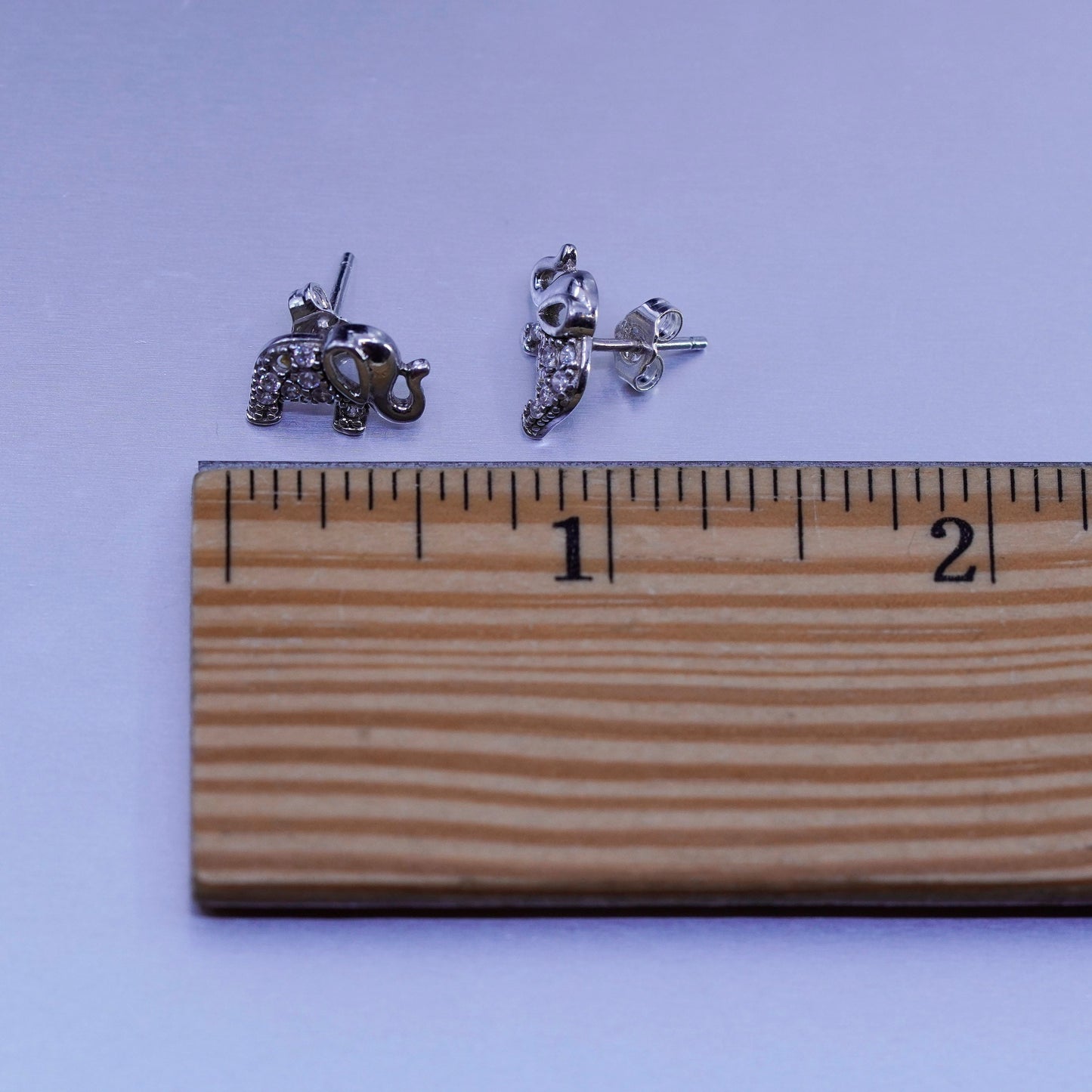 Vintage Sterling 925 silver handmade elephant earrings, studs with cz