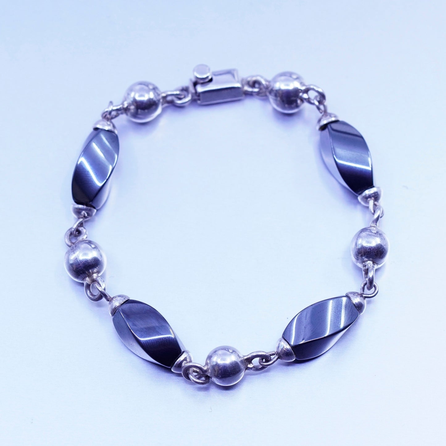 6.5”, vintage Sterling 925 silver handmade bracelet with hematite and beads