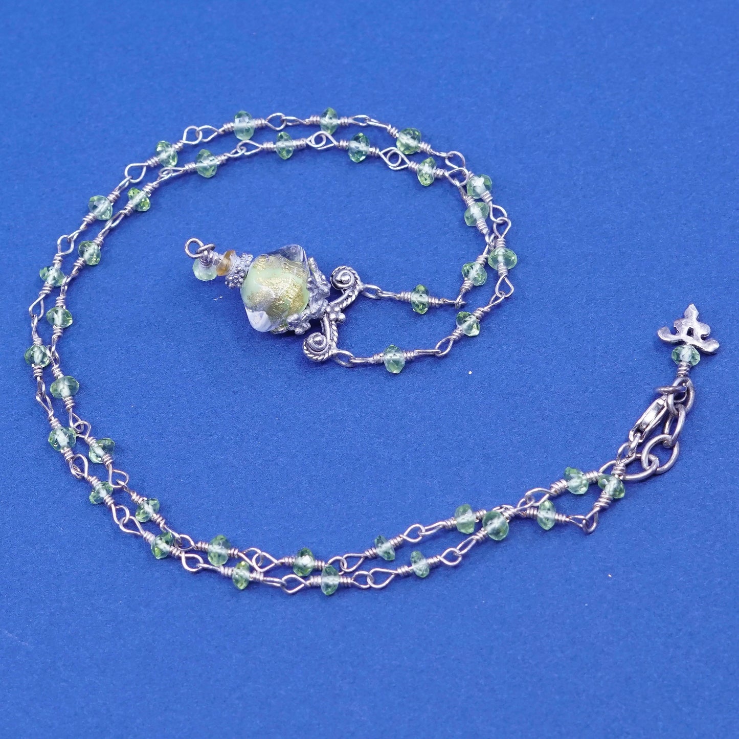 16”, Sterling 925 silver necklace w/ peridot beads and foiled glass pendant