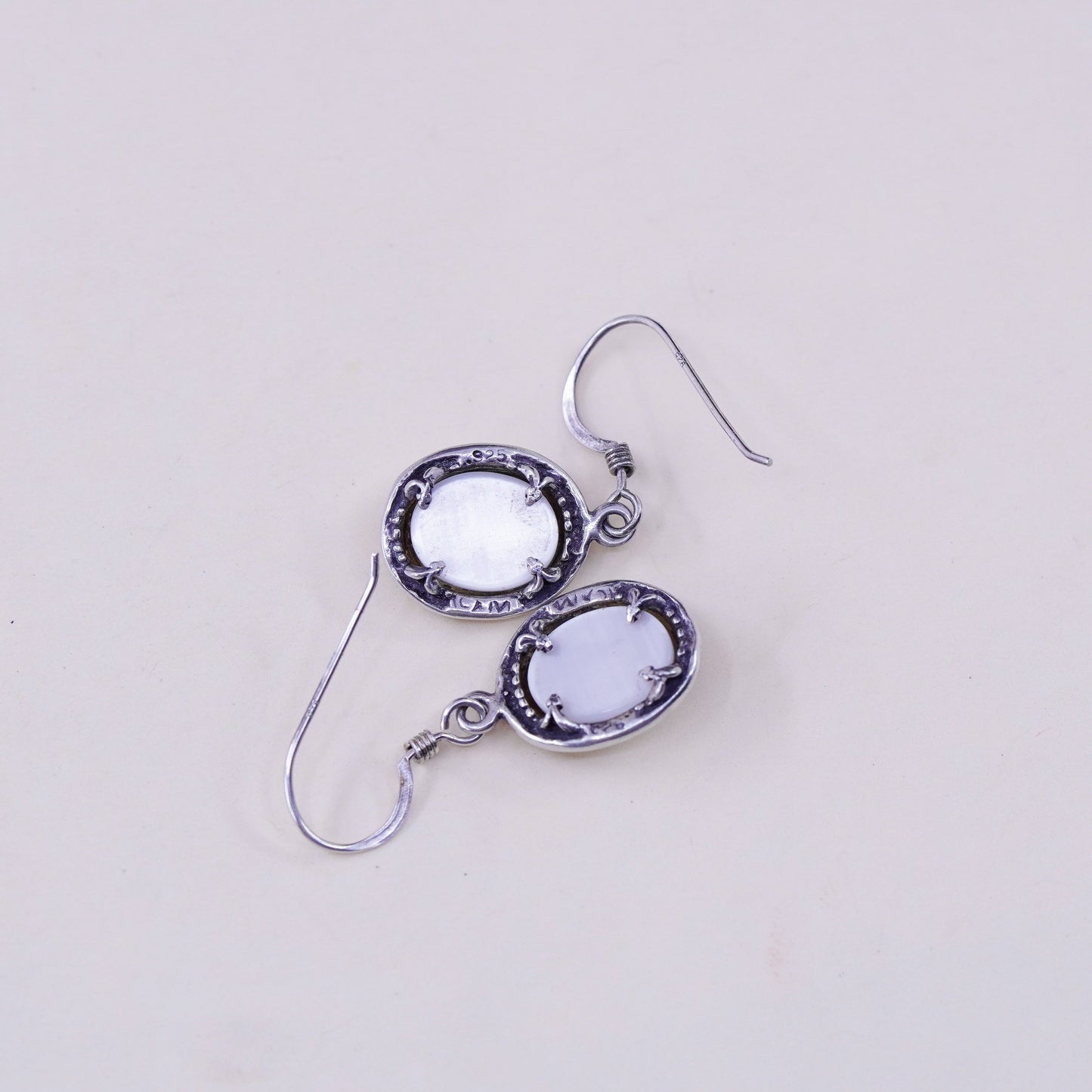 Vintage Sterling 925 silver handmade oval earrings with white tiger eye