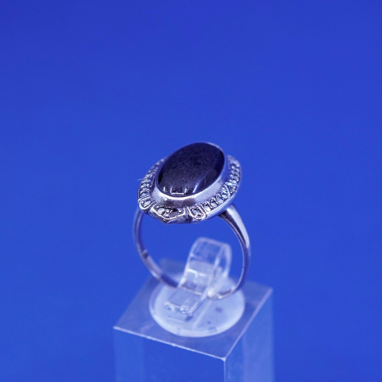 sz 8.25, vtg Sterling 925 silver handmade ring band w/ black onyx and marcasite