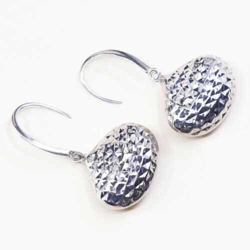 Vtg Italy Sterling 925 Silver Puffy Teardrop Shaped Earrings W/ Diamond Textures