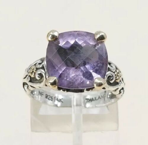 Sz 6.75, Sterling Silver handmade Ring, 925 Ring W/ amethyst n 14K Gold Accent