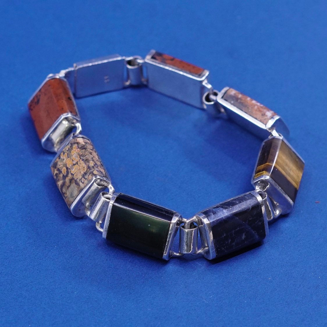 7", Sterling silver handmade bracelet, 925 round w/ obsidian jasper tiger eye