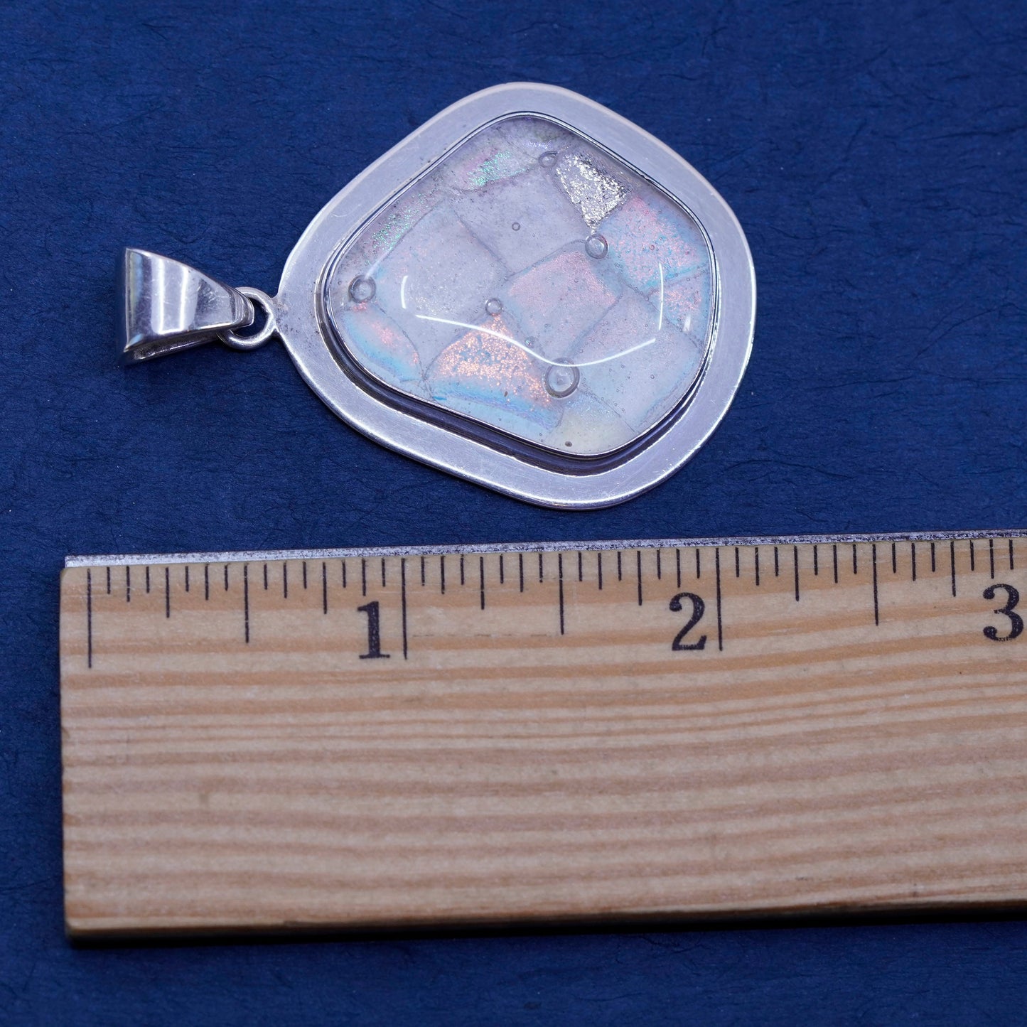 Vintage Mexico sterling 925 silver handmade pendant with white dichroic glass