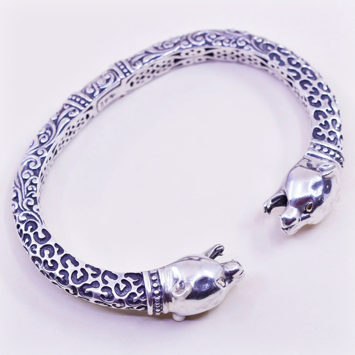 7”, designer 18K gold sterling silver Bali bracelet, 925 bangle leopard head