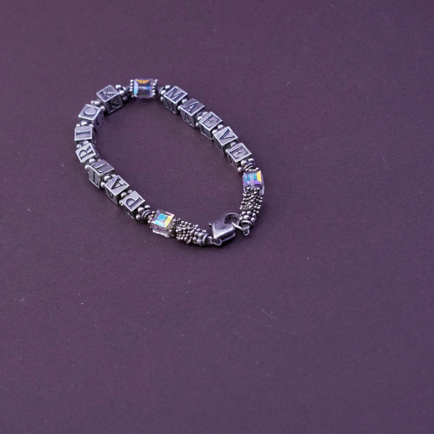 6.5”, Sterling 925 silver handmade bracelet cz beads name Patrick Maeve cubes