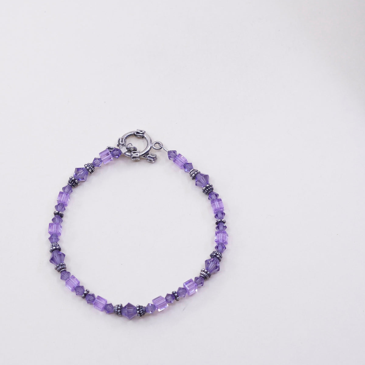 7.25” Vintage Sterling silver handmade bracelet, amethyst crystal beads