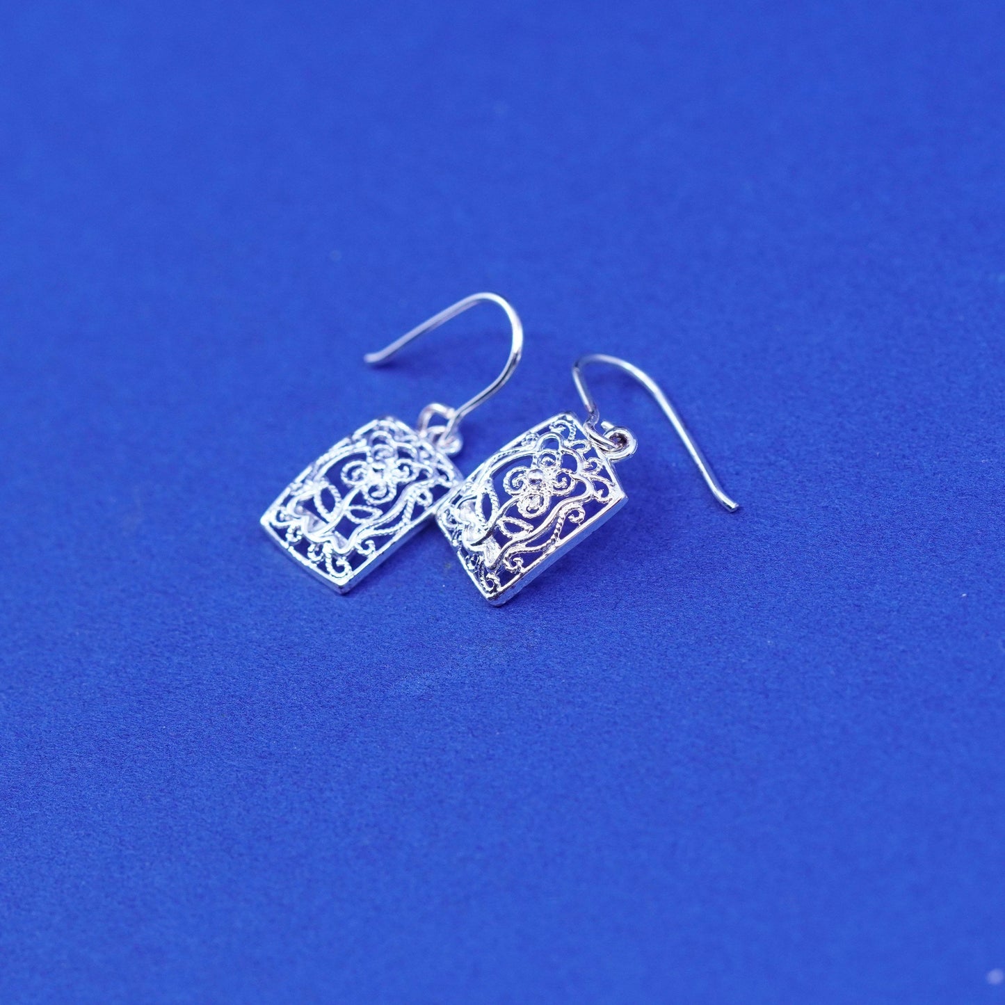 Vintage sterling silver handmade earrings, 925 filigree flower drop