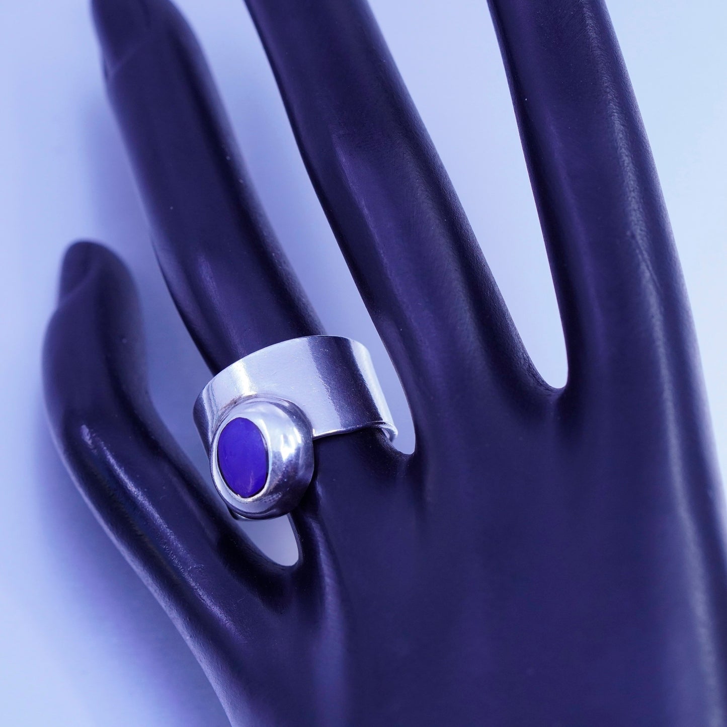 Size 6.75, vintage Mexico Sterling 925 silver handmade wide ring with blue onyx