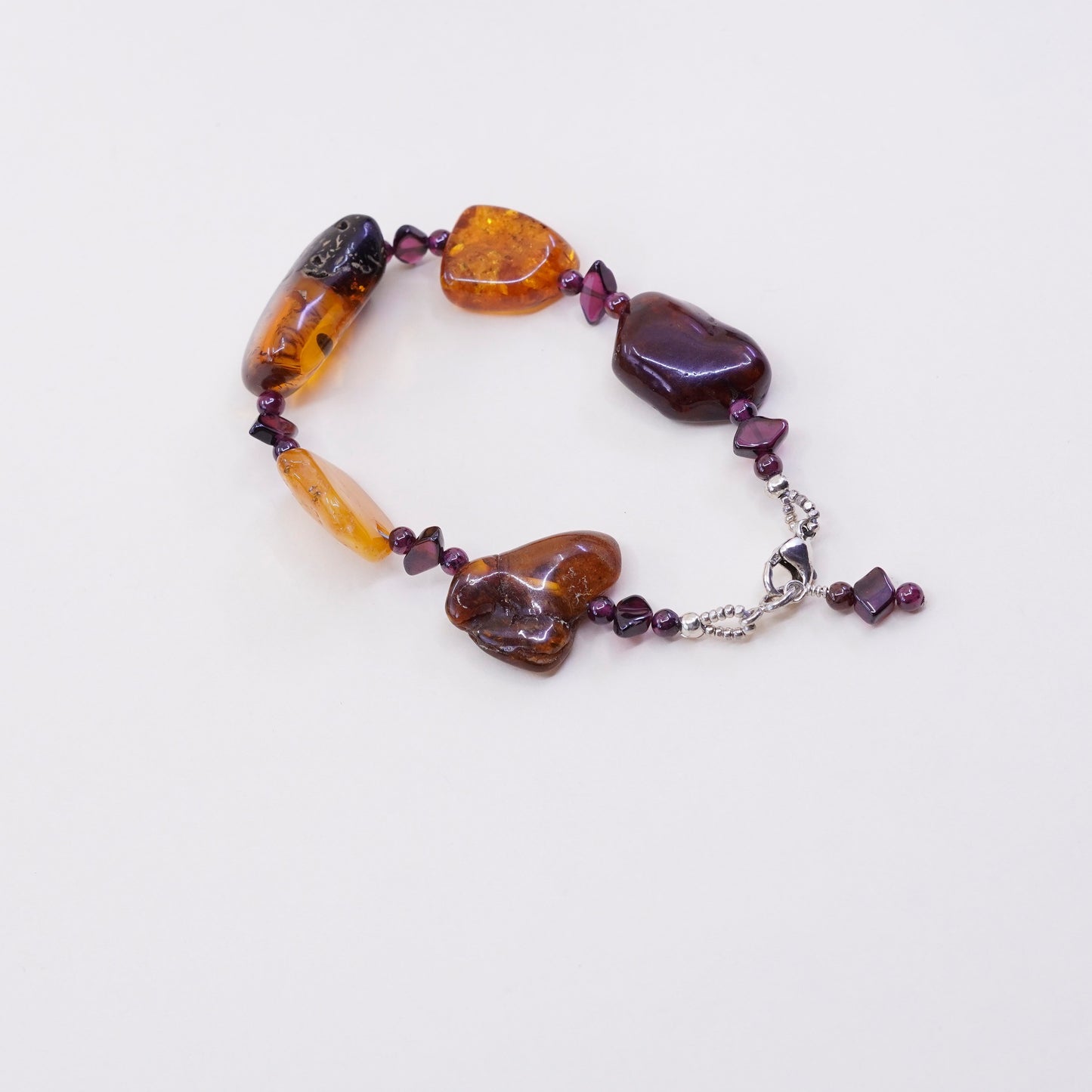 6.5”, Vintage sterling 925 silver handmade bracelet with honey amber nugget