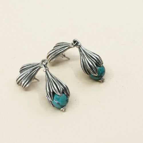 Vtg handmade Sterling 925 Silver Turquoise Earrings w/ turquoise N Petal Details