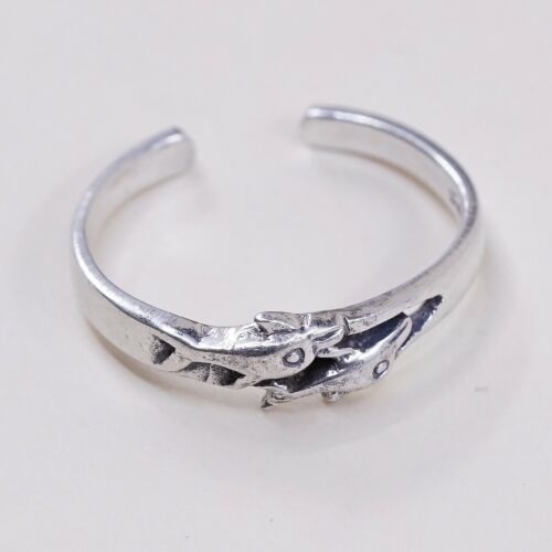 Size 3.75, Vtg Sterling Silver handmade open end Ring. 925 Dolphin Pinky Band