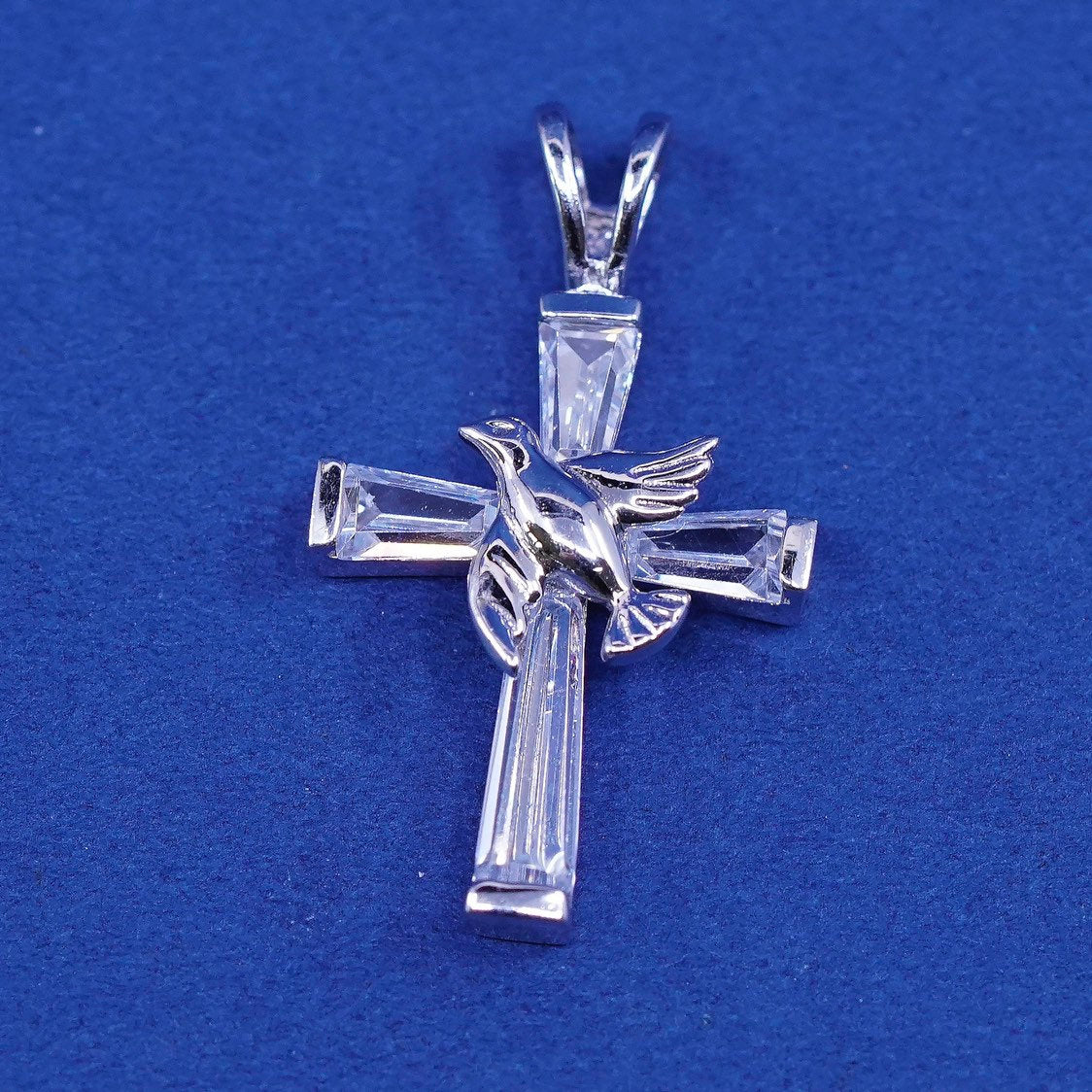 vtg Han Sterling silver handmade pendant, 925 cross w/ bird and crystal