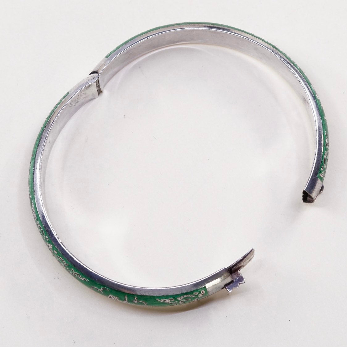 7.75", sterling silver story teller bangle, cuff, 925 bracelet w/ green enamel