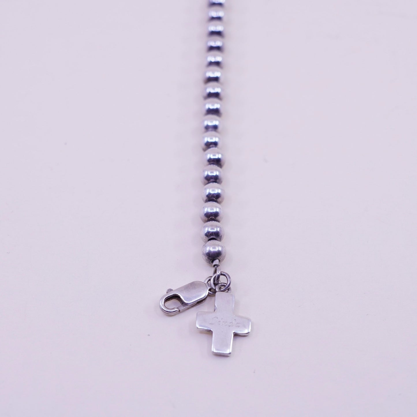 7”, Vintage sterling silver bracelet, 925 beads chain cross charm name “Linda