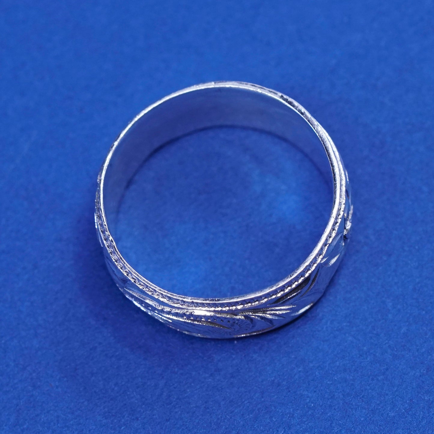 Size 9, vtg PCU Sterling silver handmade ring, 925 flower embossed band