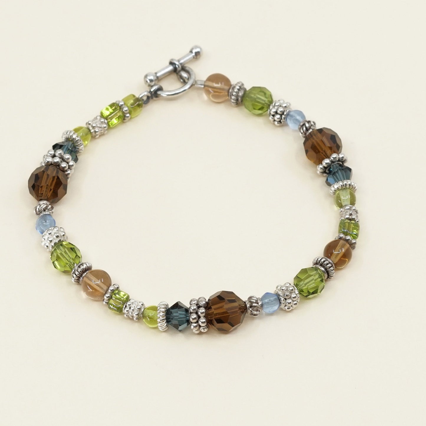 6.75", vtg Sterling silver handmade bracelet, 925 beads n green Swarovski