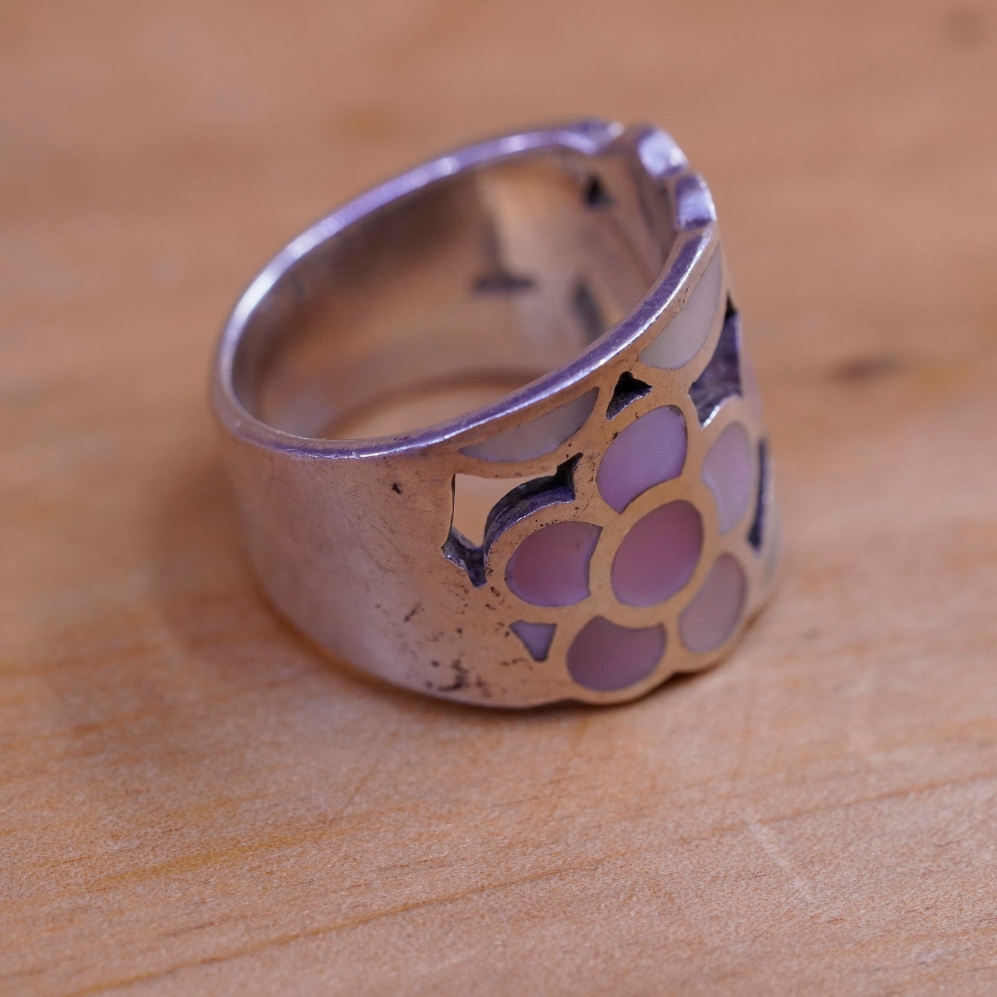 Size 6.5, Vintage Sterling silver handmade ring, 925 band with pink flower