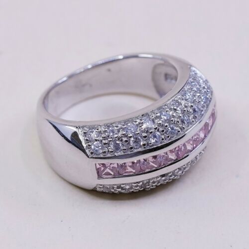 Size 6, Vtg Sterling Silver Handmade Ring, 925 Silver Band W/ Pink Cluster Cz