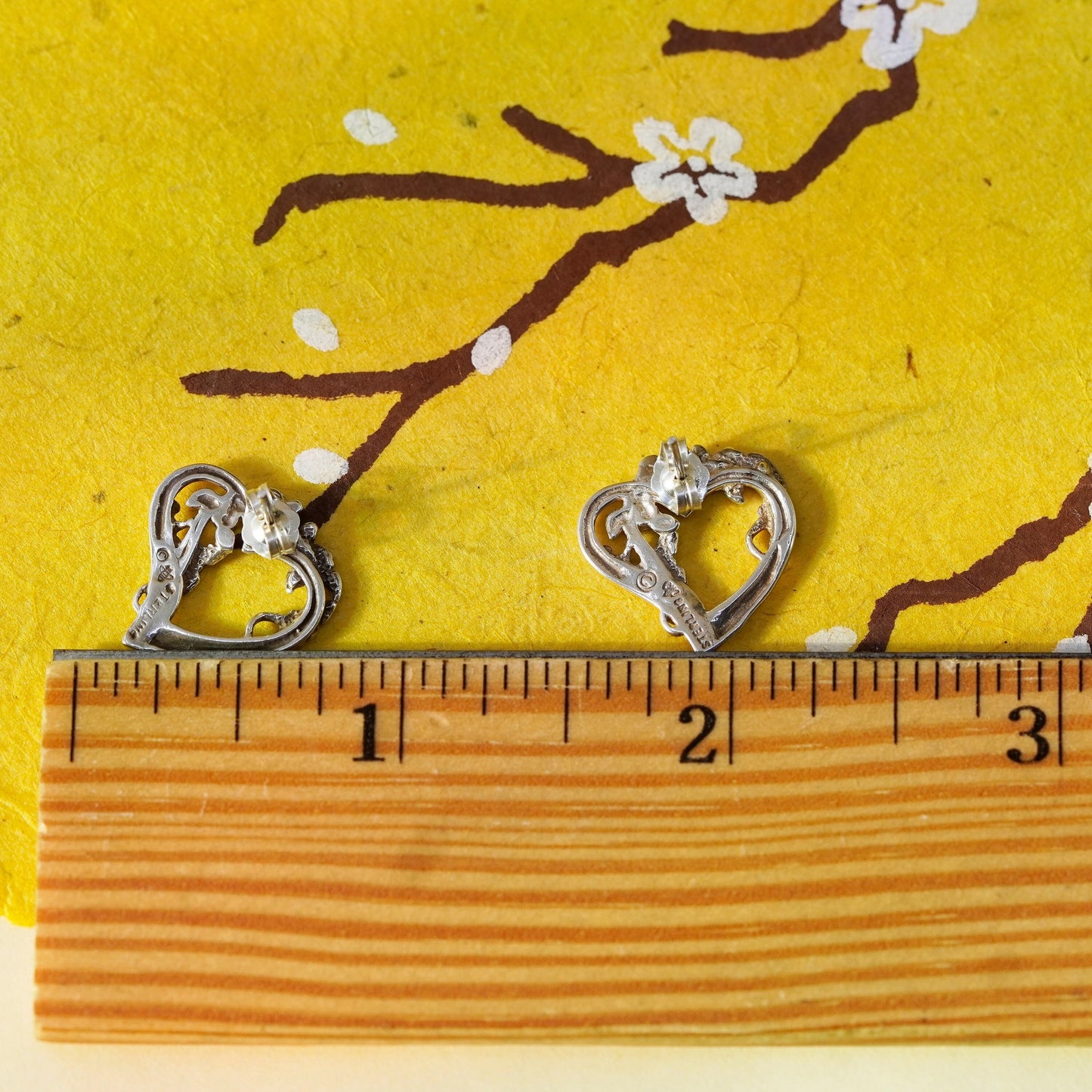 Vintage Sterling silver handmade earrings, floral textured 925 heart studs