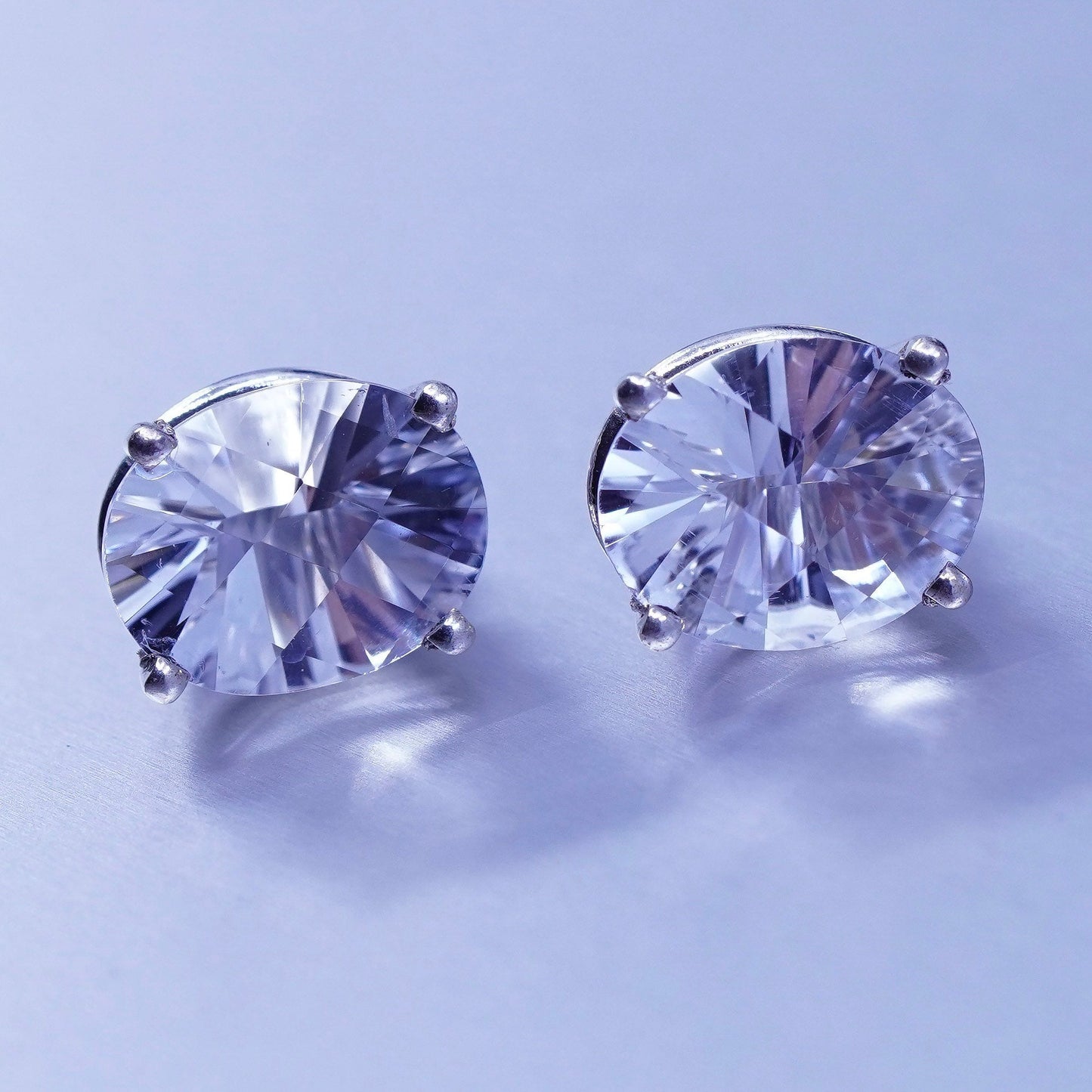9mm, Vintage Sterling 925 silver earrings, studs with oval Cz inlay