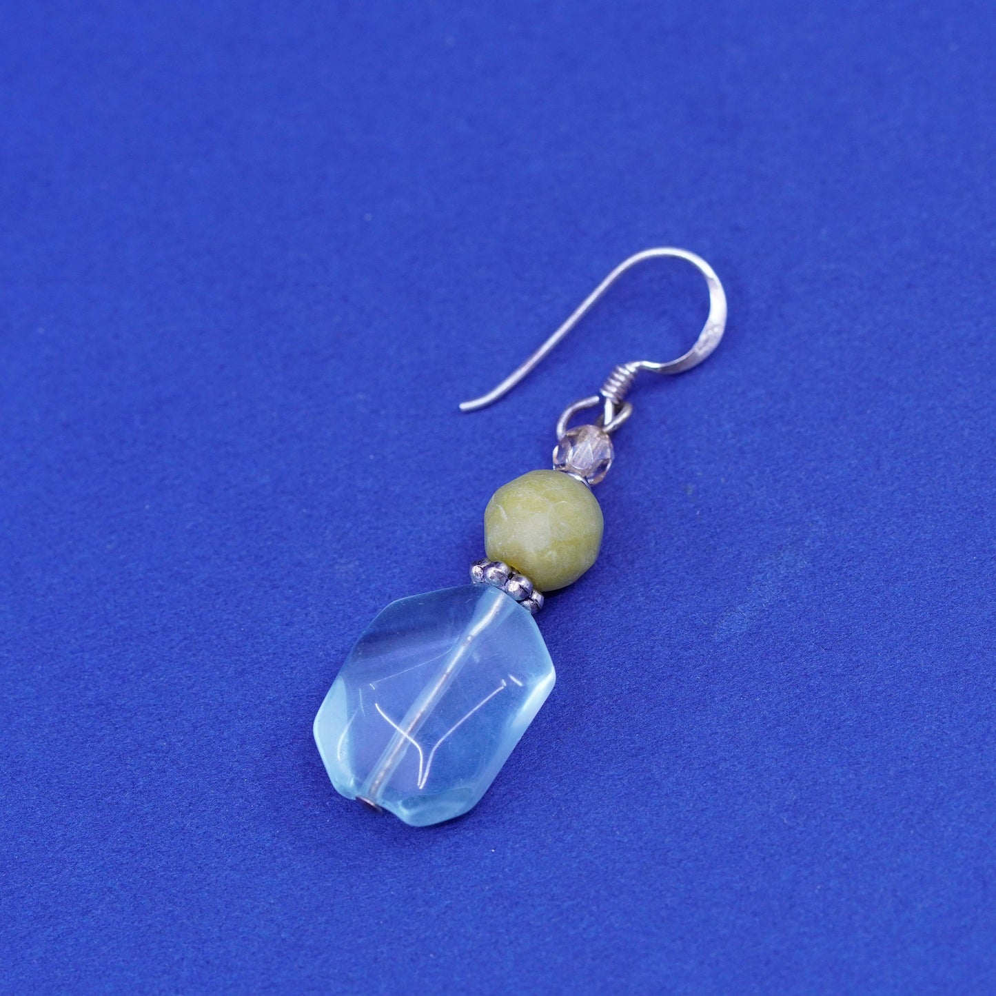 Vintage Sterling 925 silver handmade earrings with blue crystal and jade bead