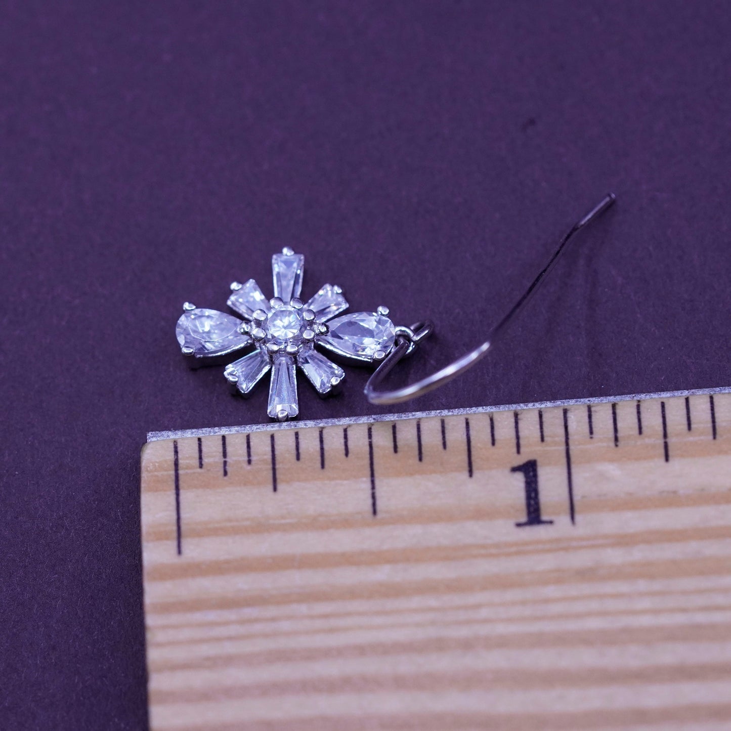 Vintage Sterling silver handmade earrings, 925 snowflake drops with cz