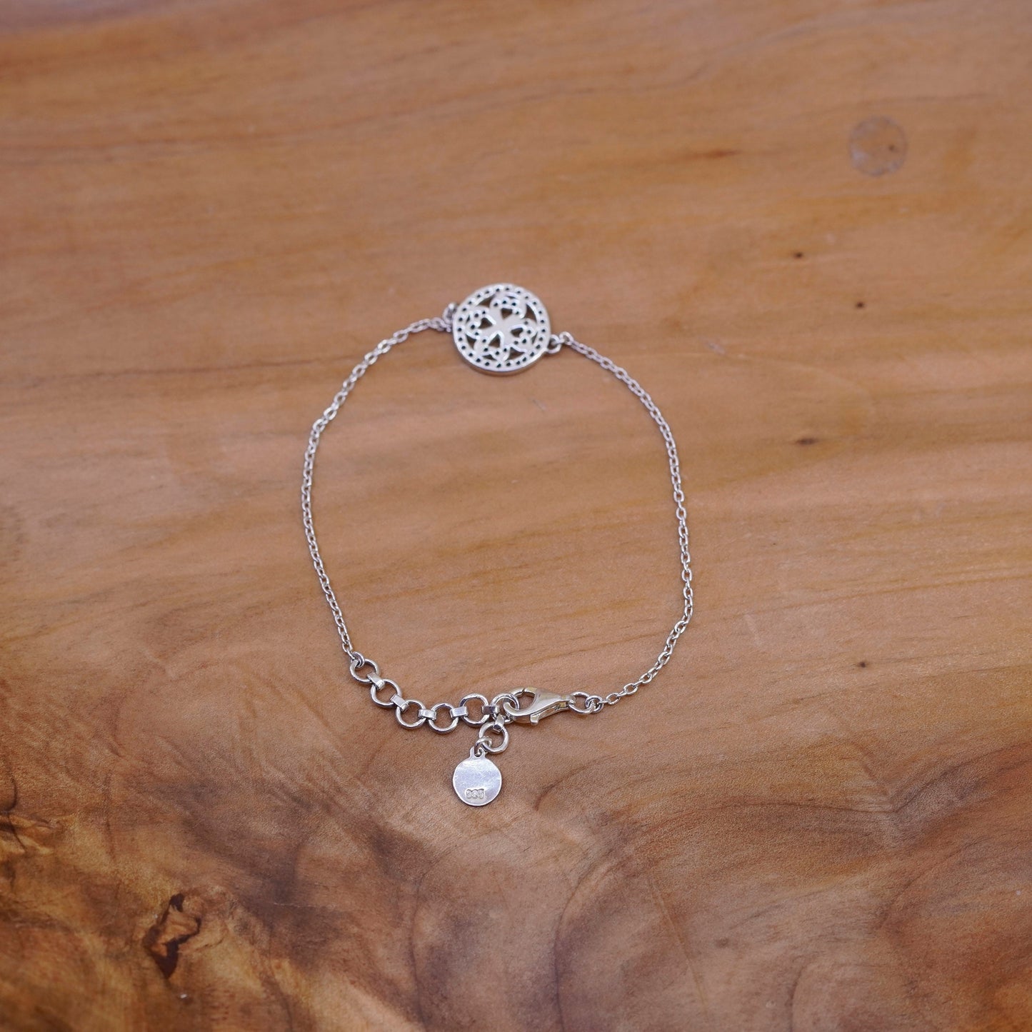 7”, Stella &Dot Sterling 925 silver circle chain bracelet lucky clover charm
