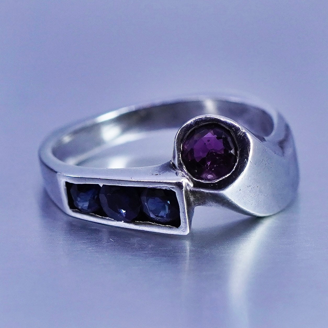 Size 8.25, vintage Sterling 925 silver handmade statement ring blue red crystal