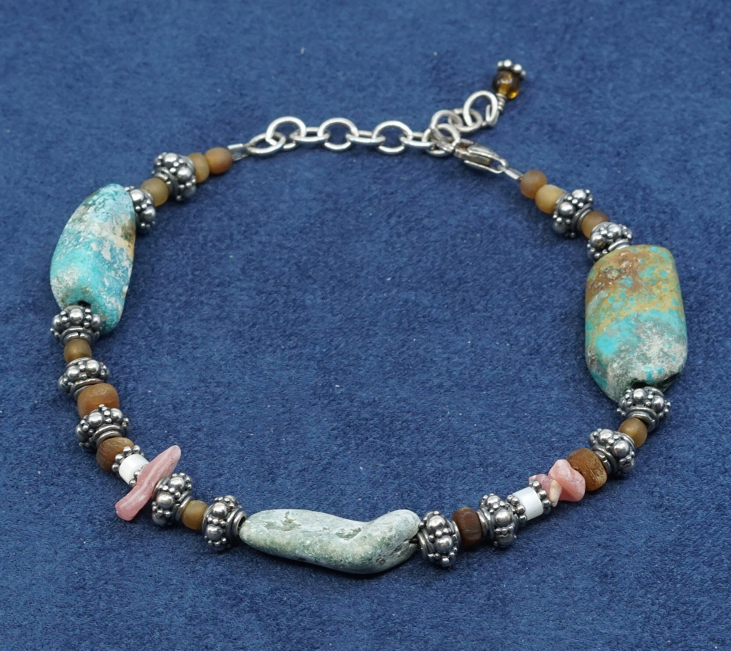 7.5”+1”, vtg sterling silver handmade bracelet, 925 w/ turquoise N coral beads