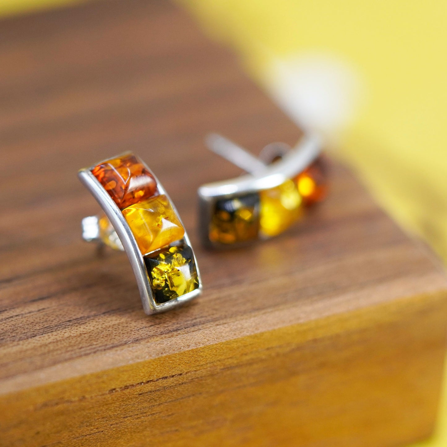 Vintage Sterling Silver Handmade earrings, 925 studs with amber, modernist