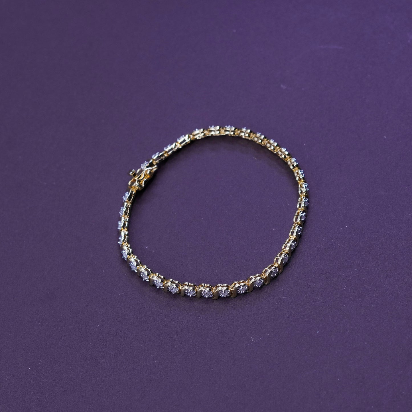 7.25”, vermeil gold over Sterling 925 silver tennis bracelet, chain diamonds