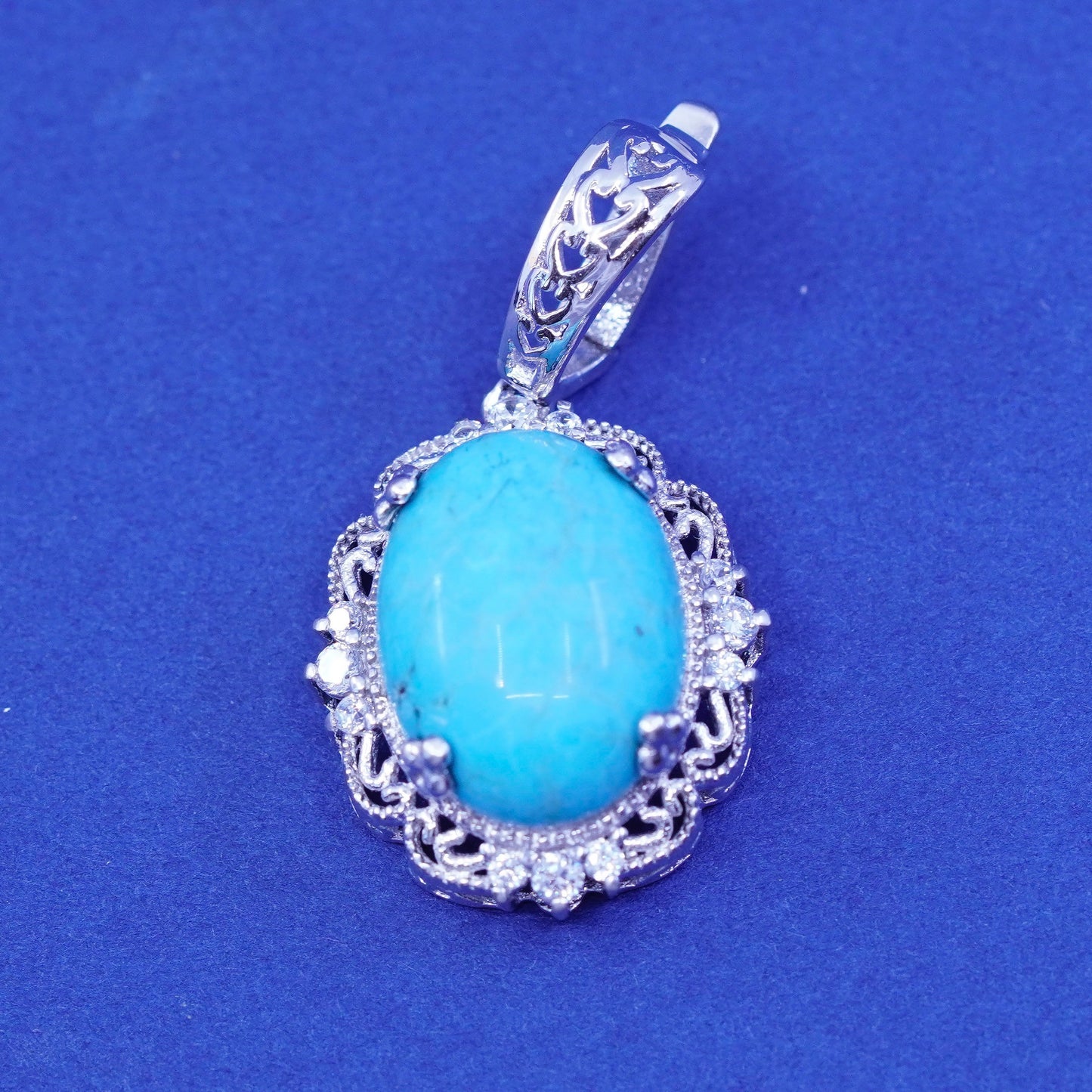 Vintage Karis Peruvian Sterling silver pendant, 925 filigree oval turquoise Cz