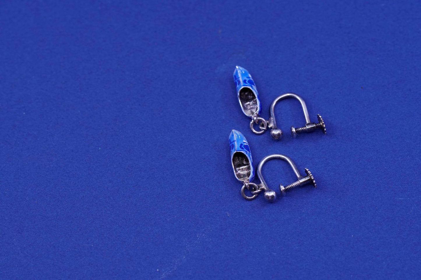sterling silver handmade earrings, 925 holland wooden shoes drops with enamel