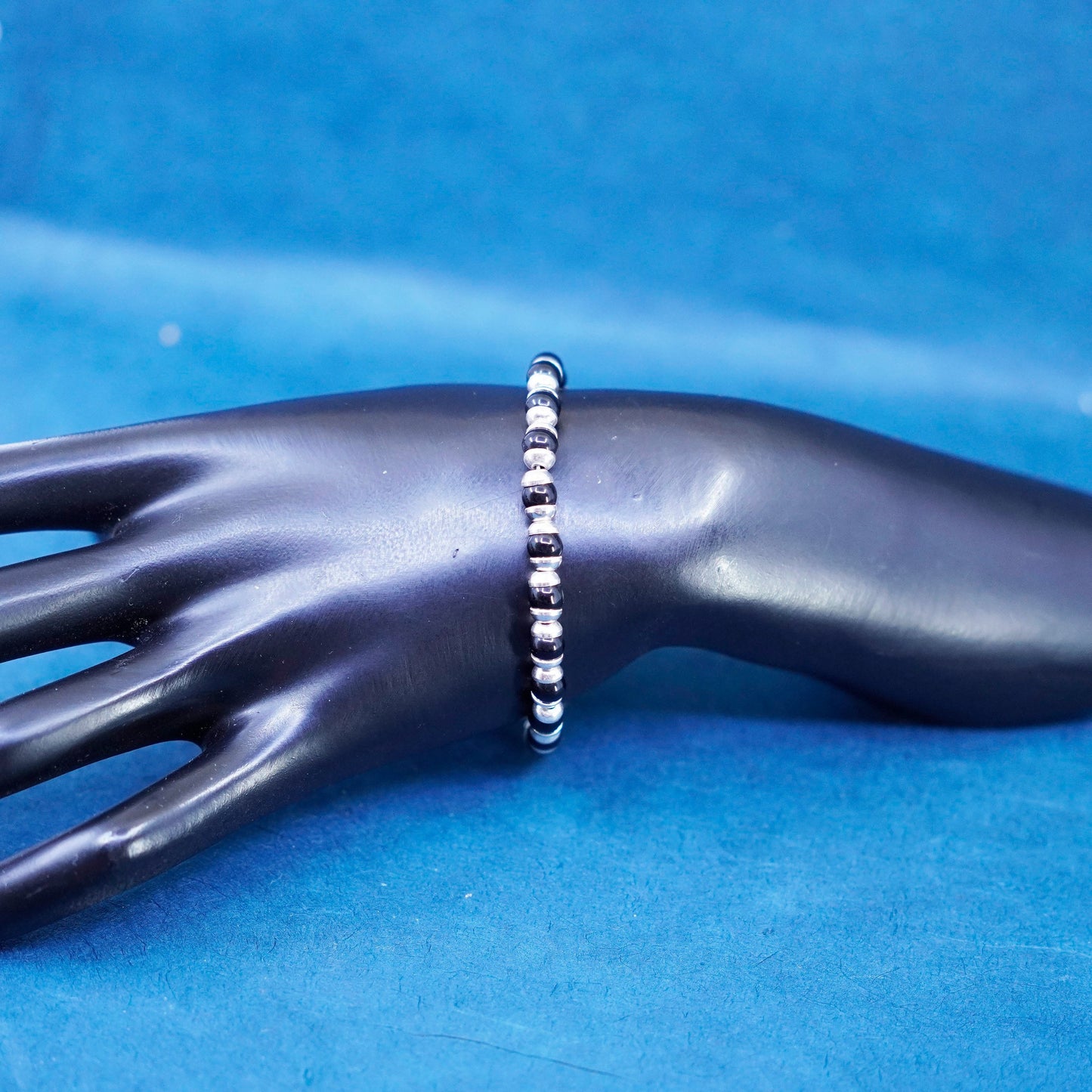 6.75”, vintage sterling 925 silver handmade bracelet with obsidian beads