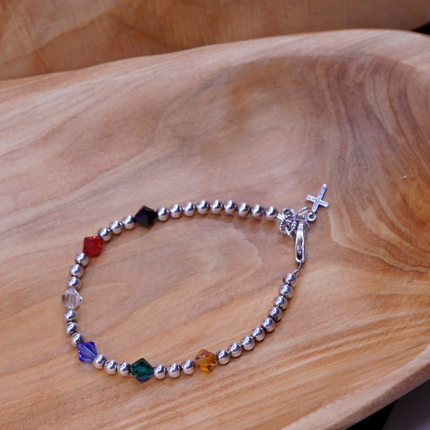 7”, Vintage Sterling silver handmade bracelet, 925 beads with cz cross charm