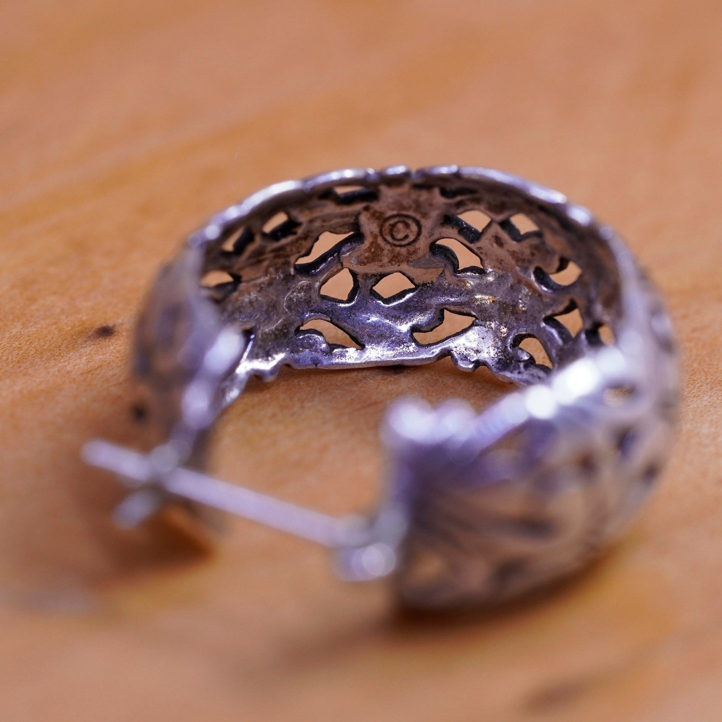 0.75”, vintage Jezlaine Sterling silver filigree hoop earrings, 925 huggie