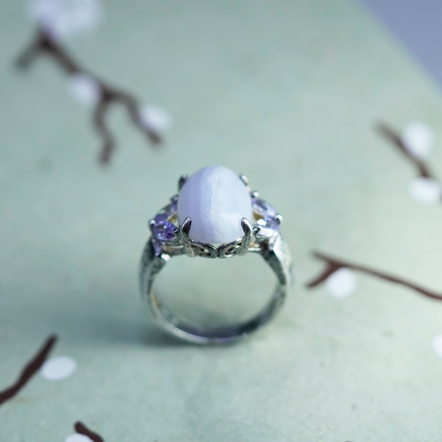 Size 6.25, sterling 925 silver handmade ring with purple lace agate amethyst