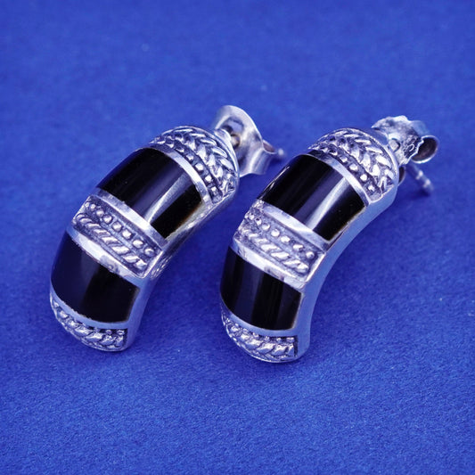 0.75”, vintage Sterling silver handmade earrings, 925 hoops marcasite abalone